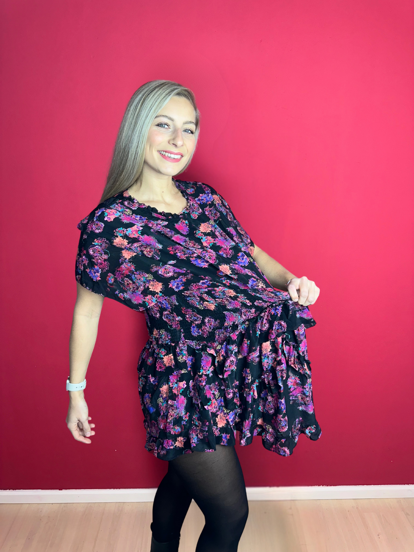 Robe IRO imprimé noir/fuchsia