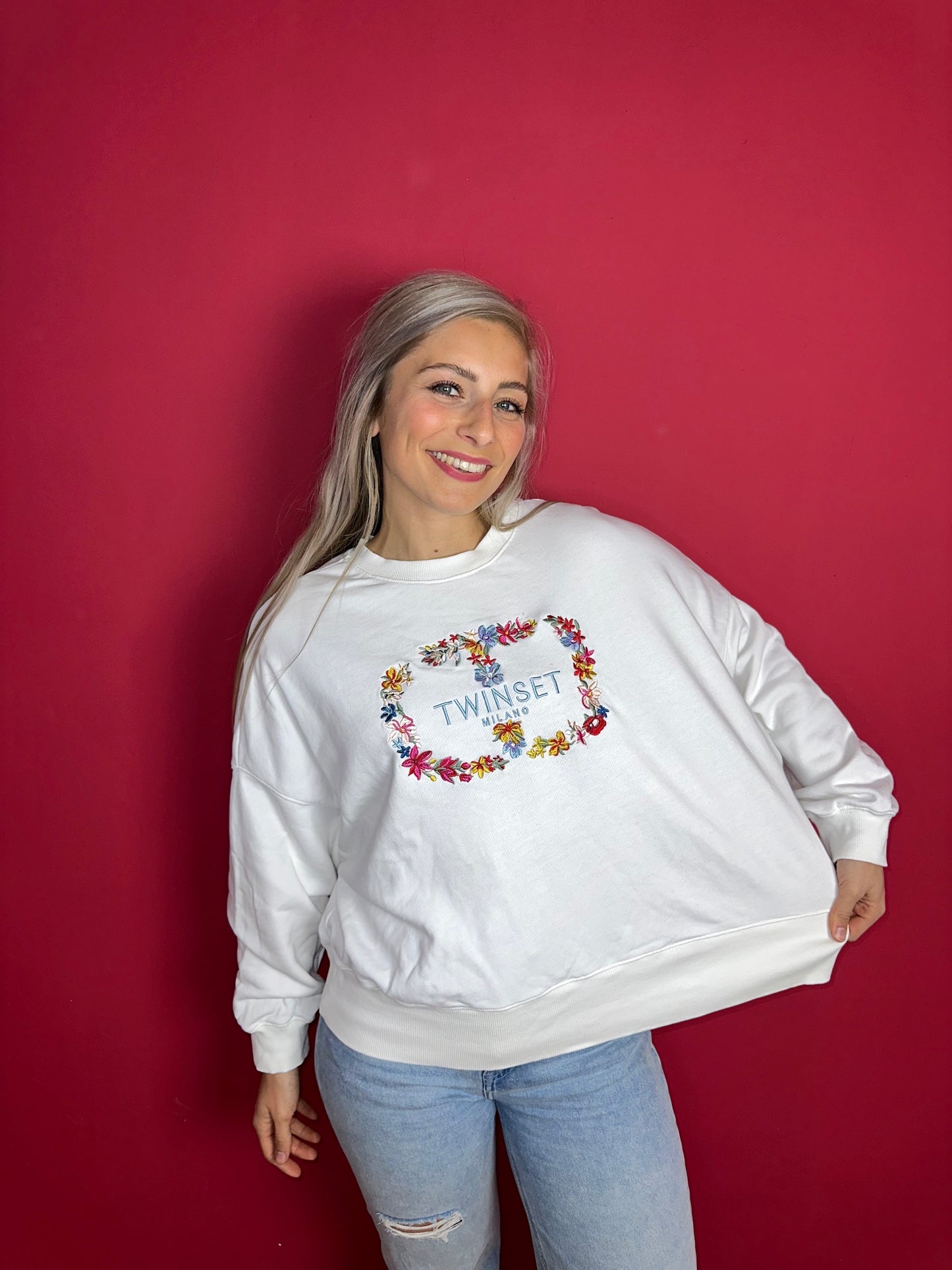 Sweater Twinset crème bloemen - Maat L