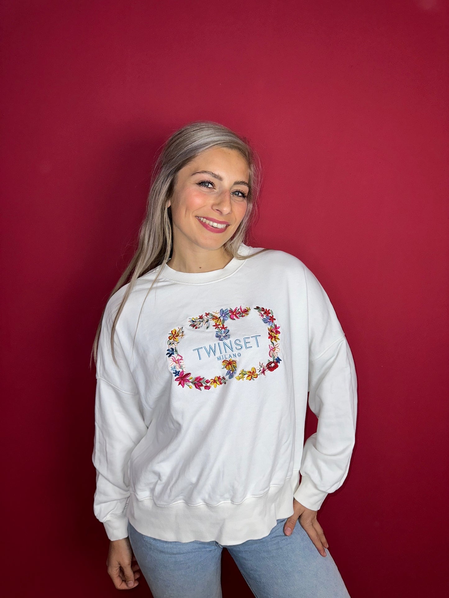 Sweater Twinset crème bloemen - Maat L