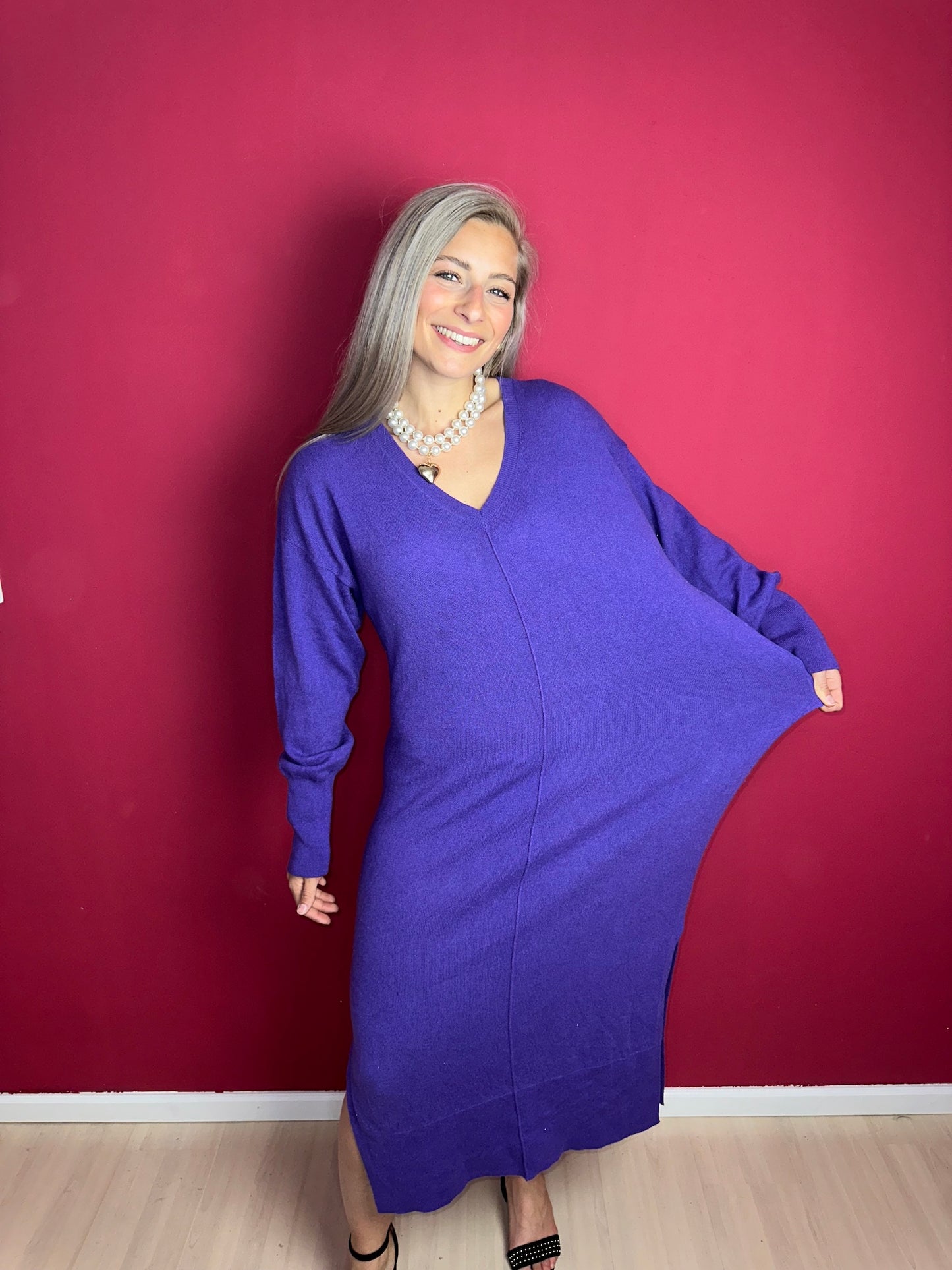 Jurk Notshy cashmere gebreid paars - Maat XL