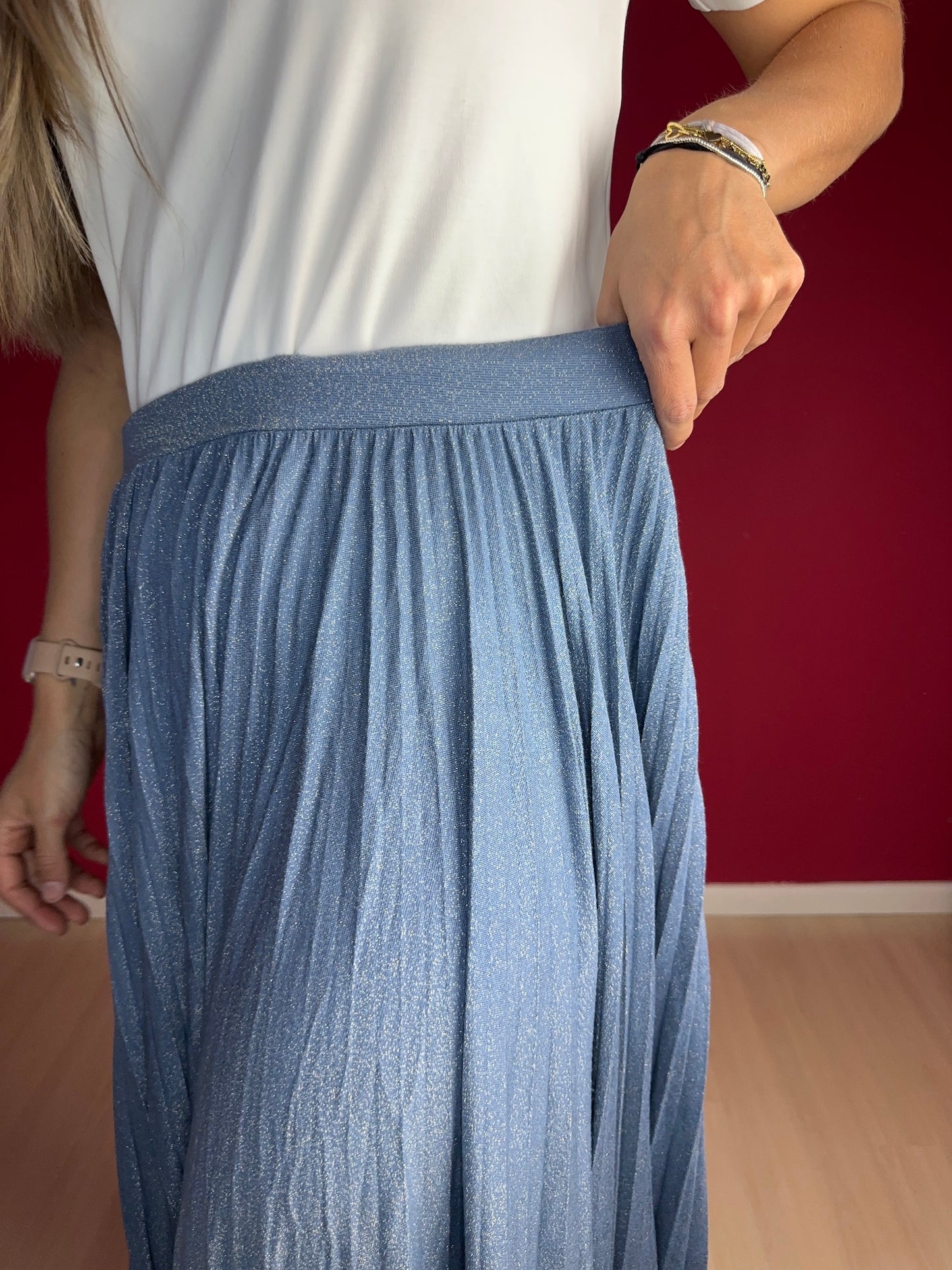 Rok Marella plissè jeansblauw glitter - Maat XL