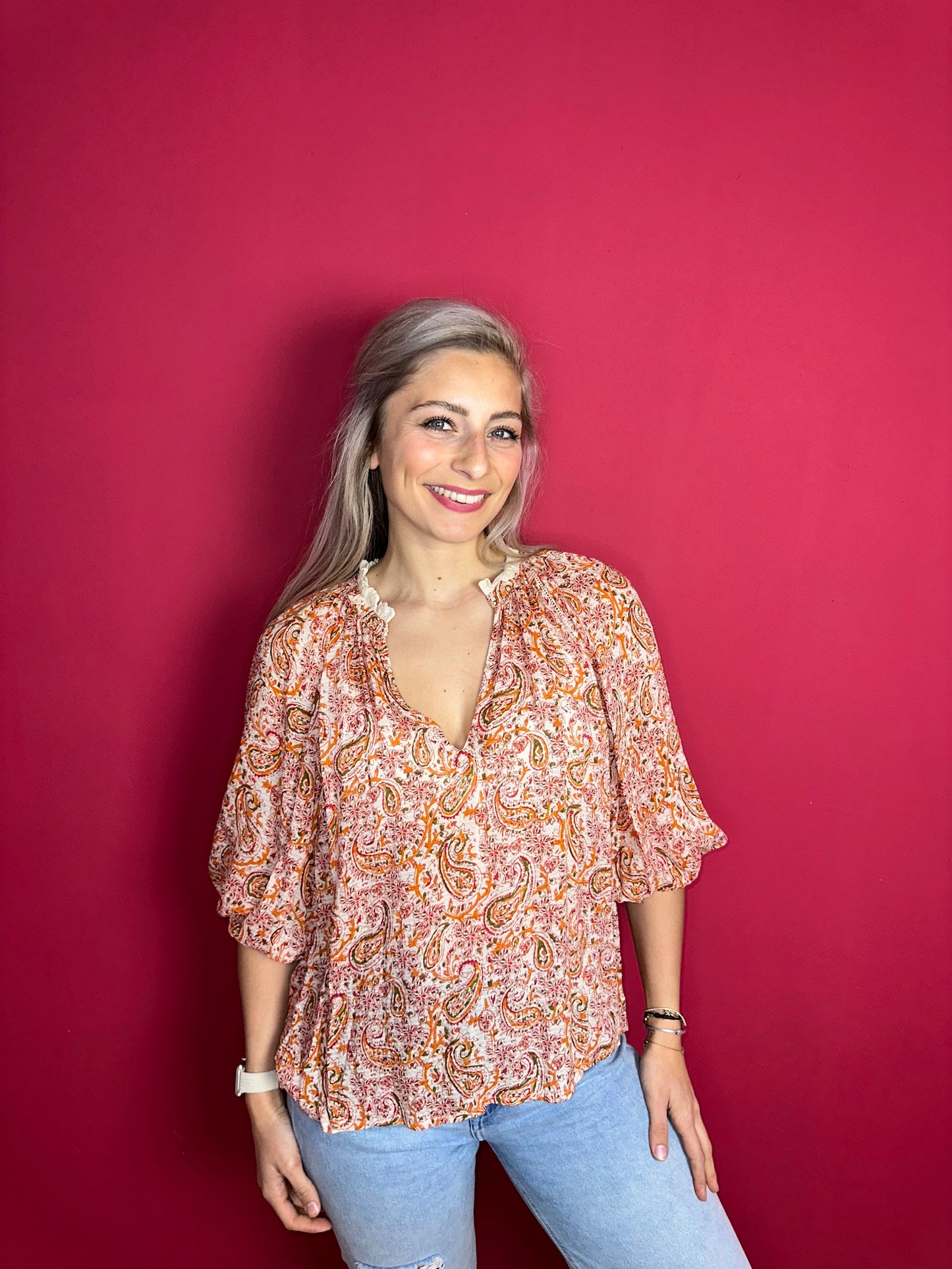 Blouse Berenice Paris print oranje - Maat 40