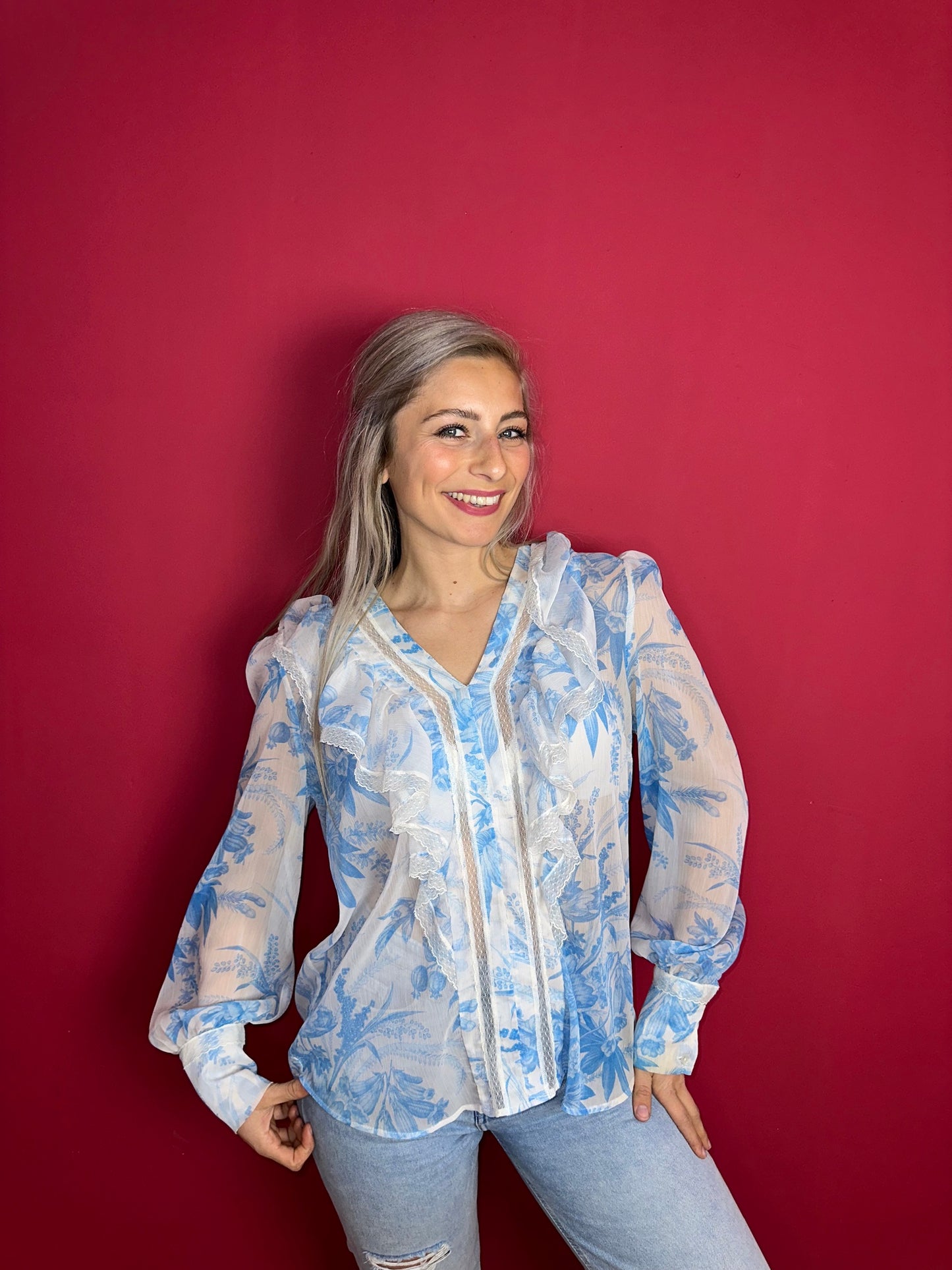Blouse Twinset lichtblauw&wit - Maat 42