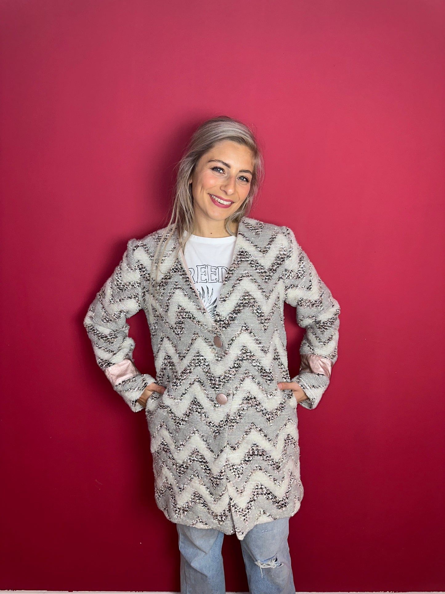 Jas Rinascimento zigzag grijs/lichtroze - Maat XL