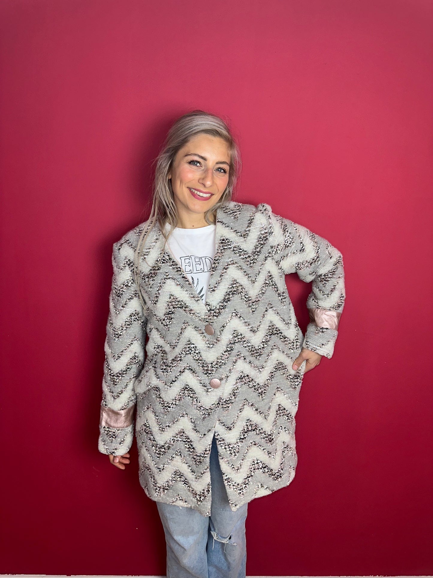 Jas Rinascimento zigzag grijs/lichtroze - Maat XL
