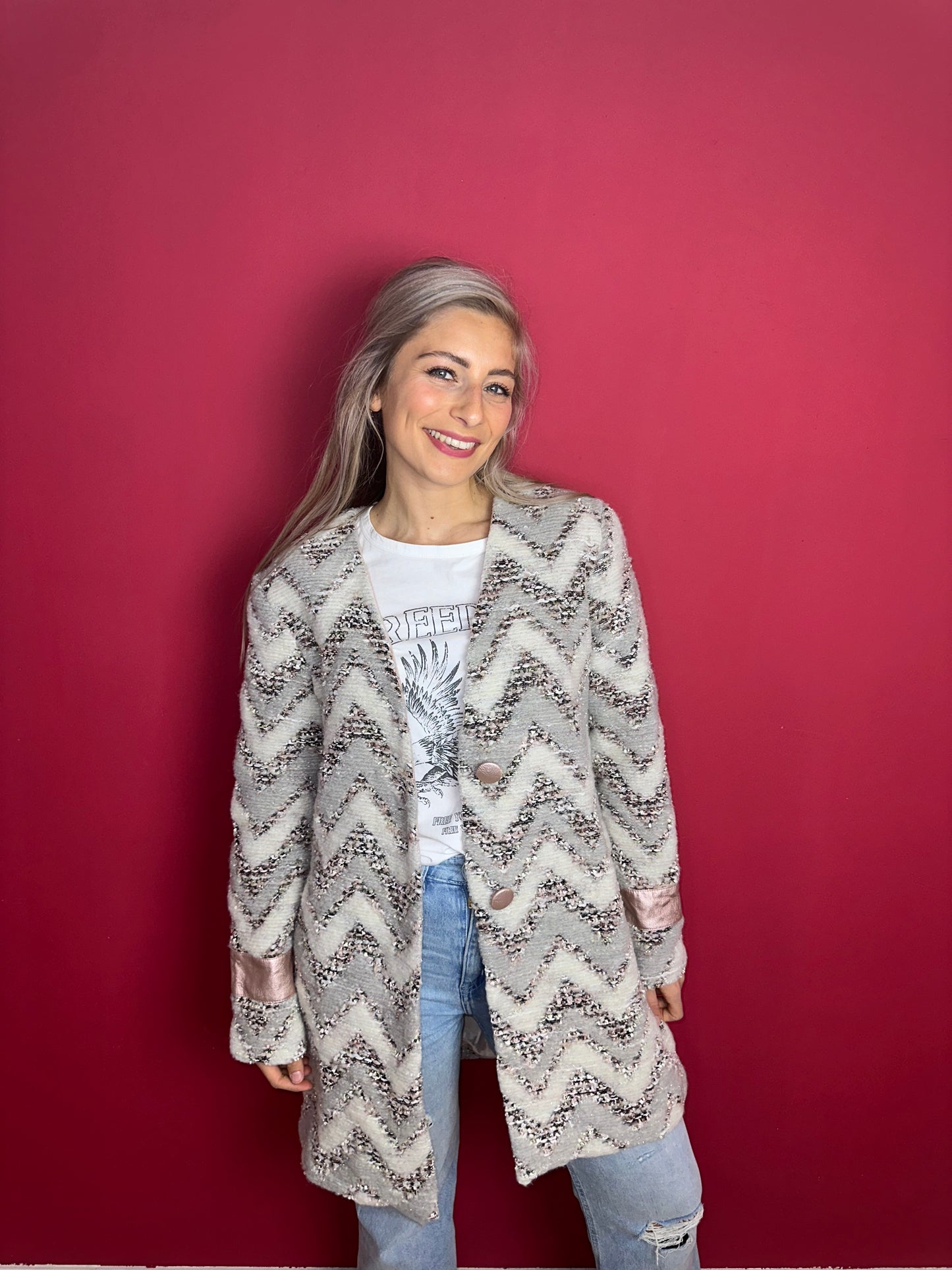 Jas Rinascimento zigzag grijs/lichtroze - Maat XL