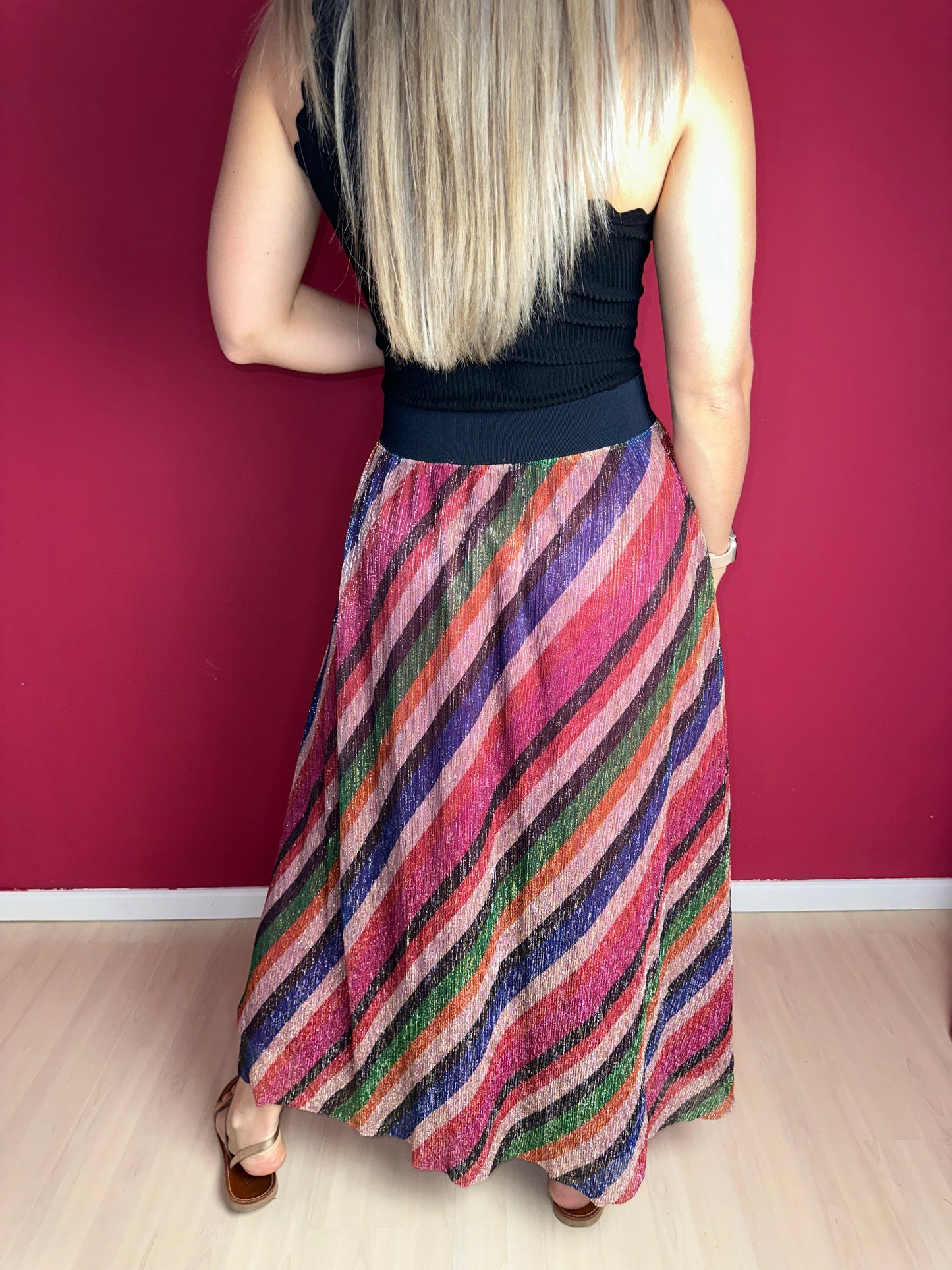Rok ba&sh Jupe Midnight – Maat 42 – Multicolor Maxi-Rok met Glanzende Strepen