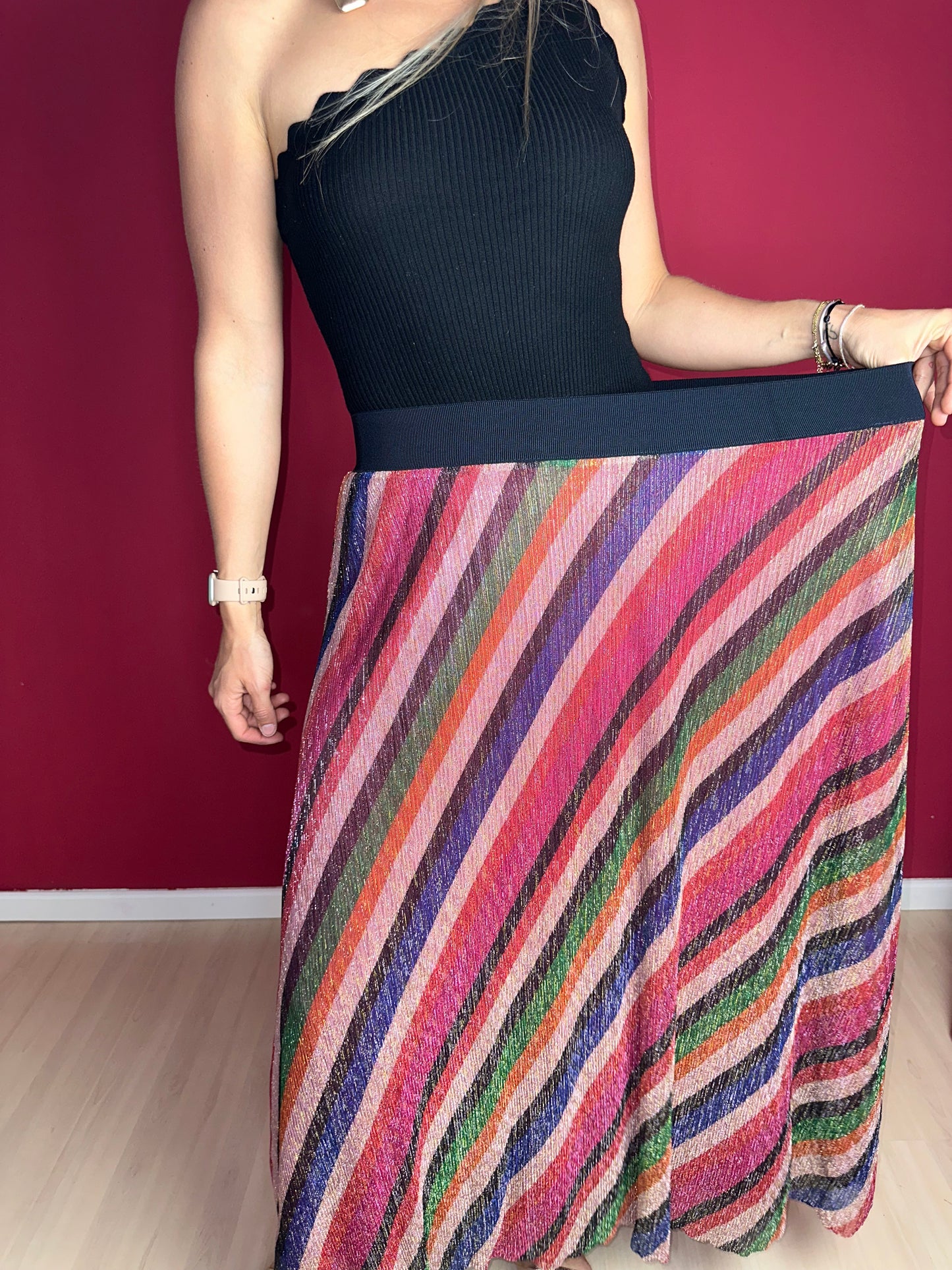 Rok ba&sh Jupe Midnight – Maat 42 – Multicolor Maxi-Rok met Glanzende Strepen