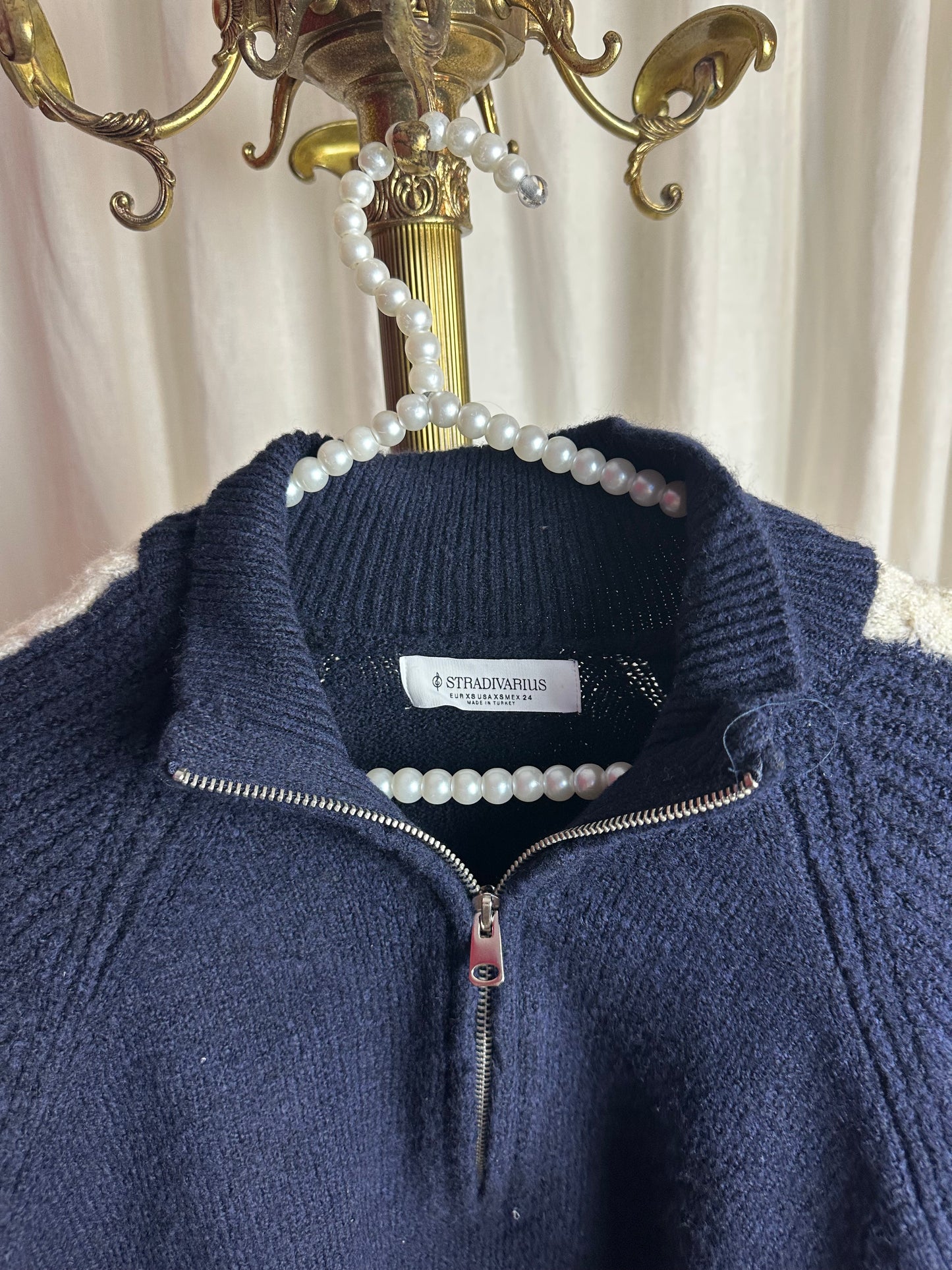 Trui Stradivarius kabel donkerblauw creme maat XS