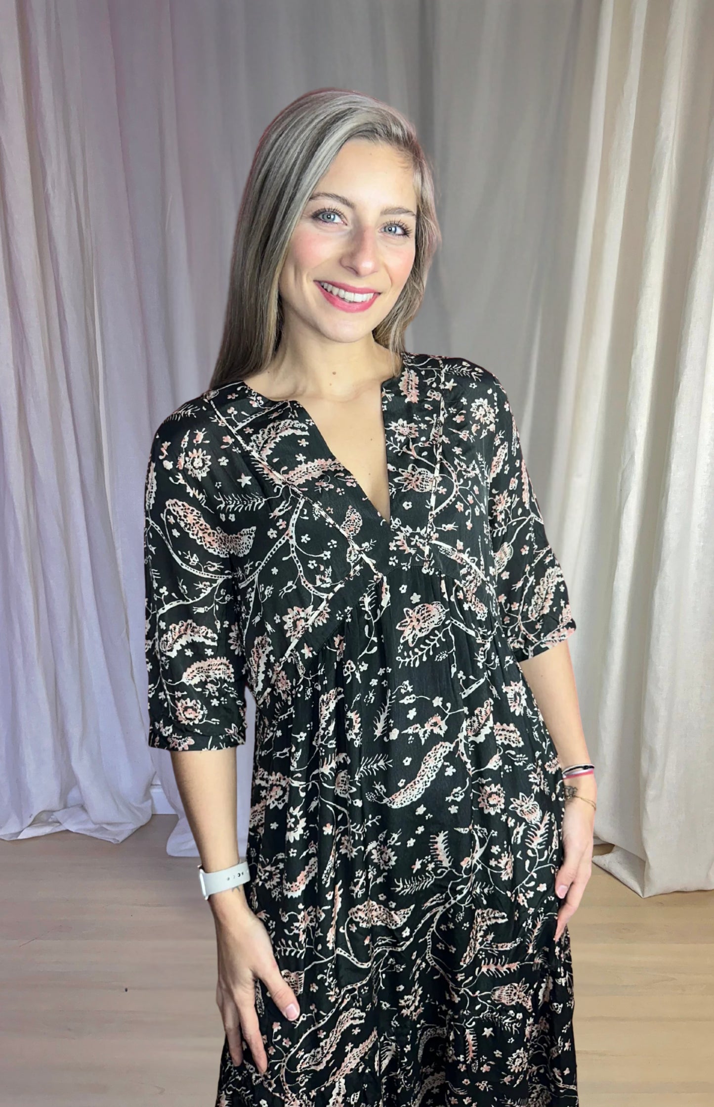 Jurk ba&sh print zwart, lichtroze maat M