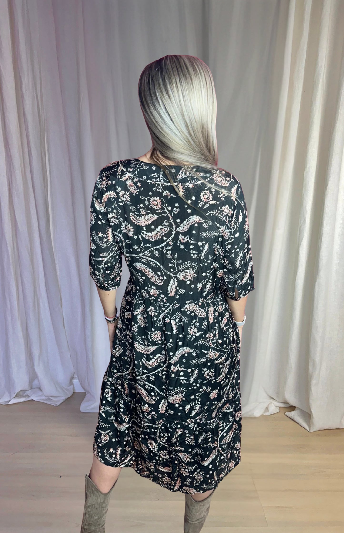 Jurk ba&sh print zwart, lichtroze maat M