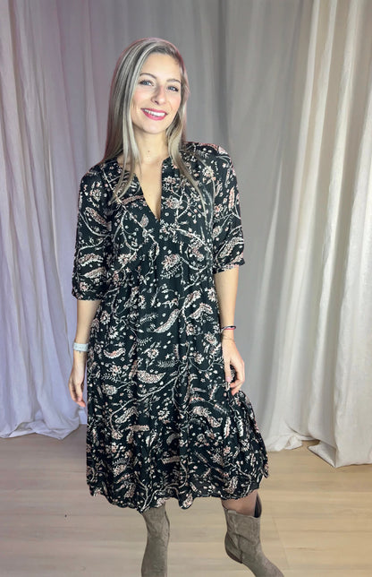 Jurk ba&sh print zwart, lichtroze maat M
