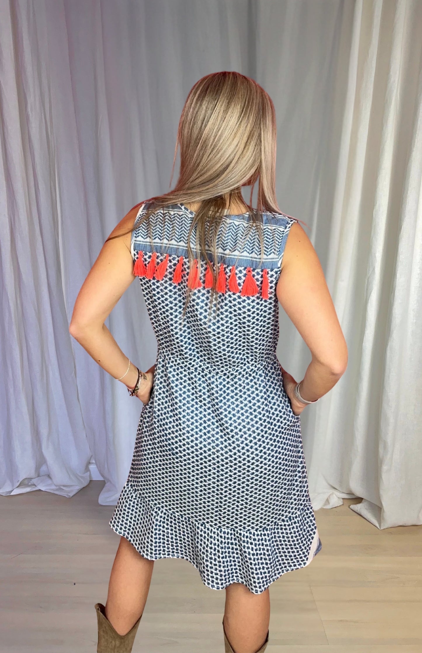 Jurk Cecilie print blauw, wit maat L