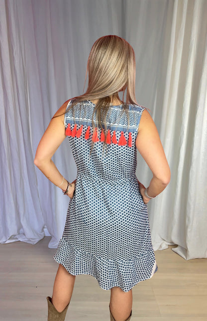 Jurk Cecilie print blauw, wit maat L