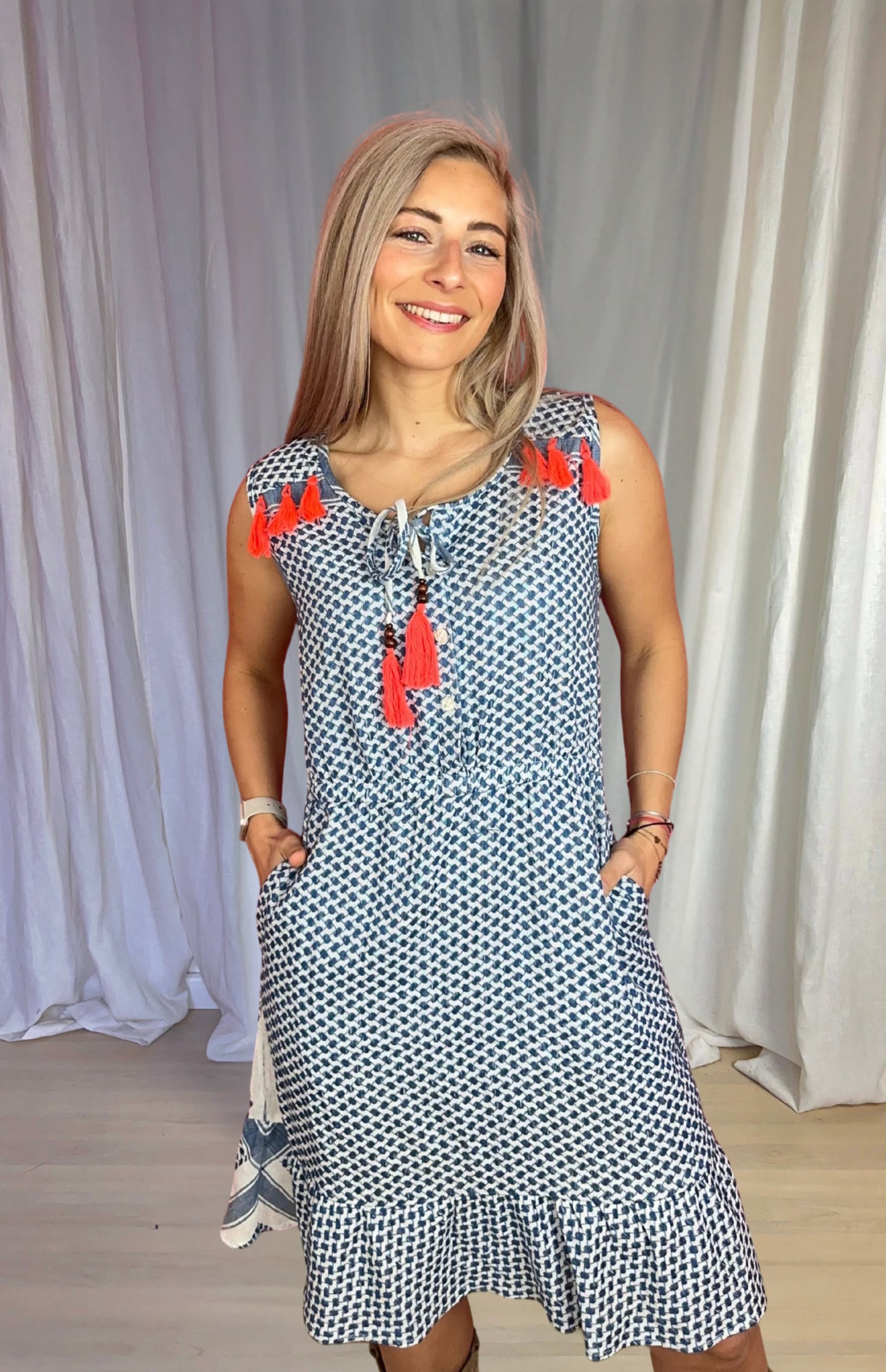 Jurk Cecilie print blauw, wit maat L