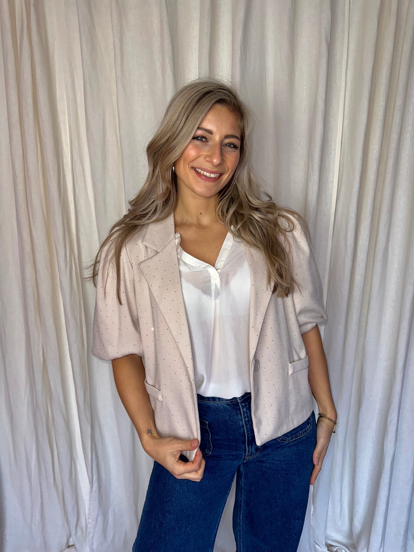 Blazer Musthaves By Elja korte pofmouw beige strass stenen maat S/M