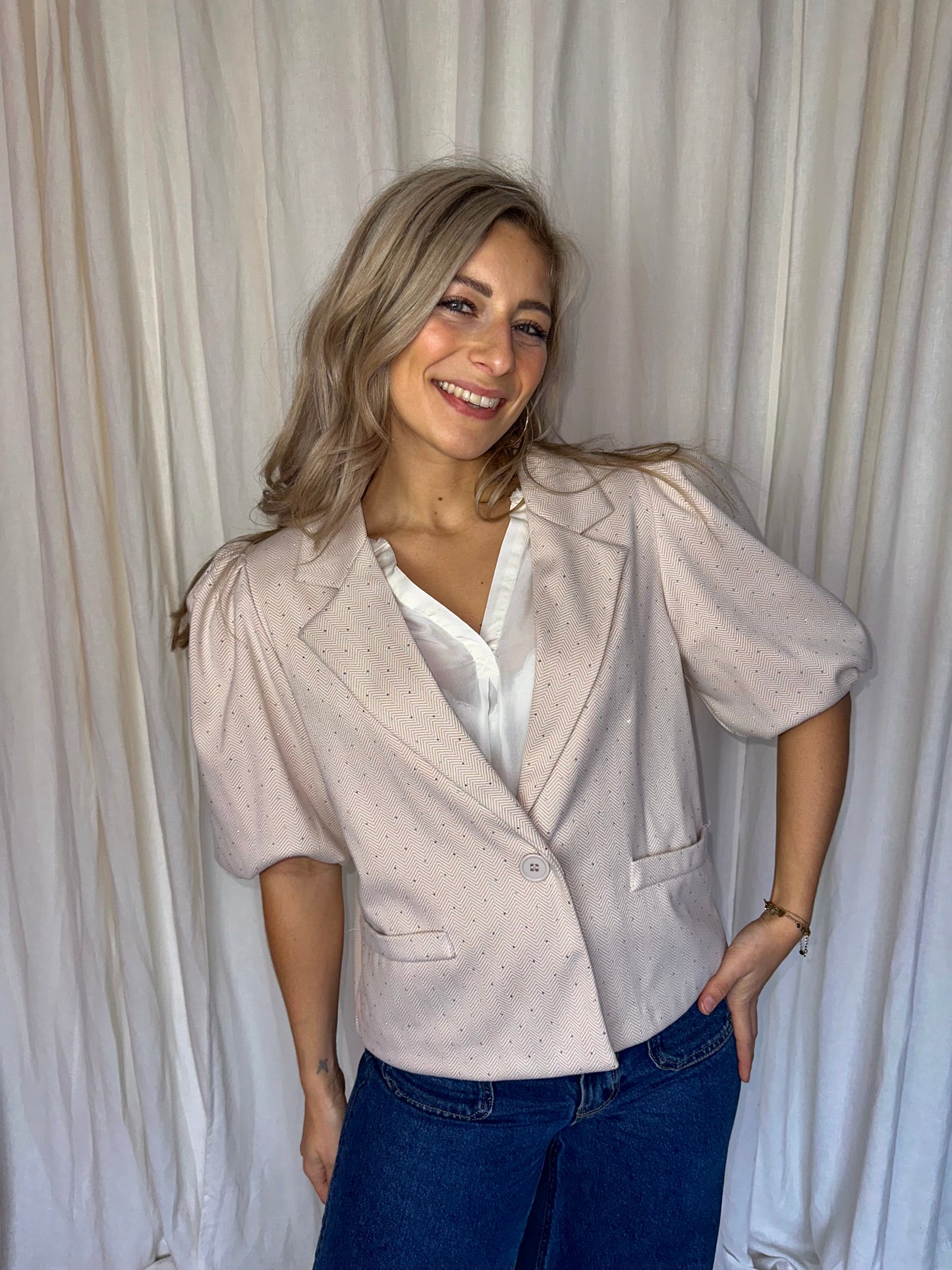 Blazer Musthaves By Elja korte pofmouw beige strass stenen maat S/M