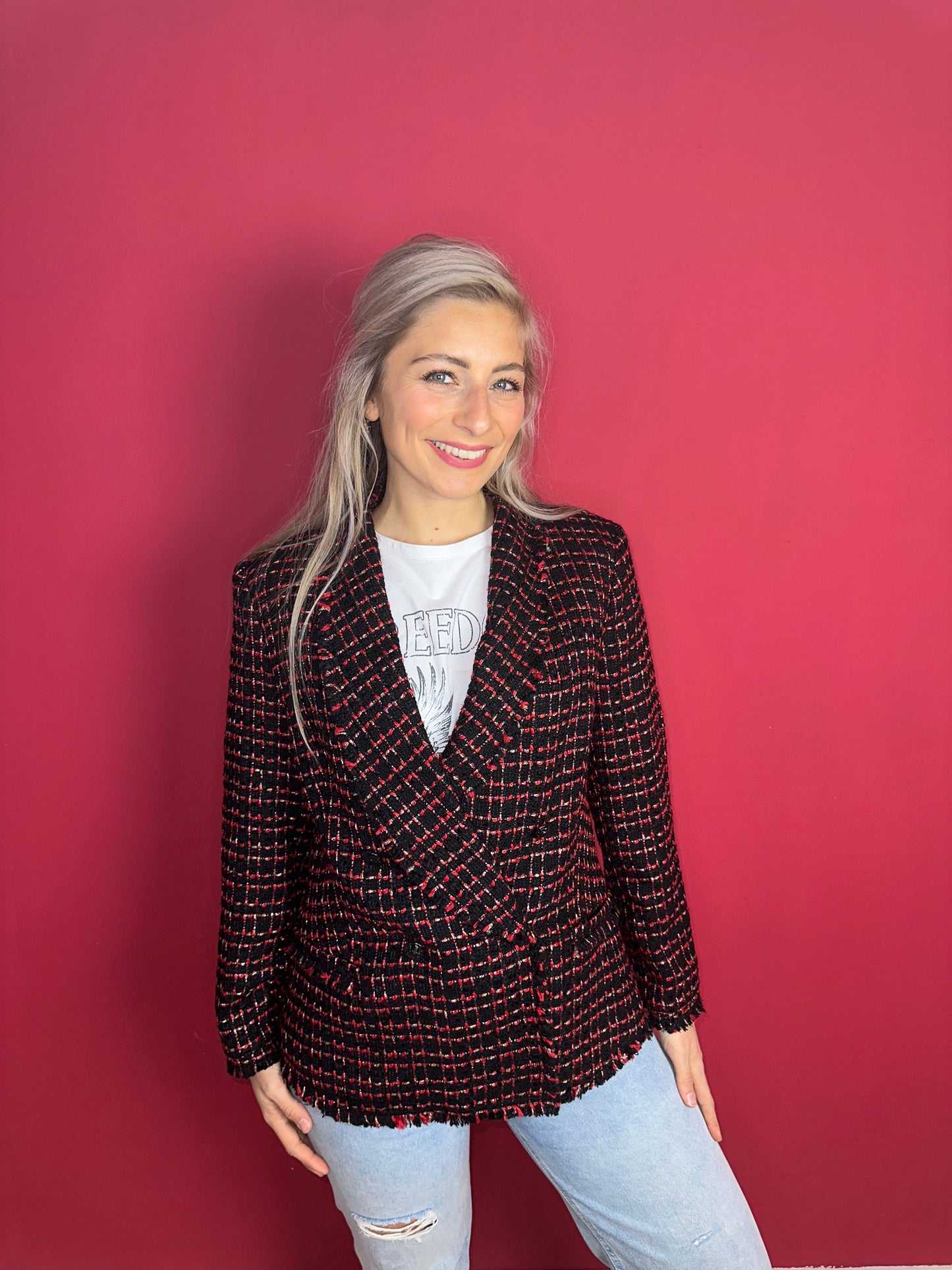 Blazer SET fashion tweed rood/zwart/zilver - Maat 42