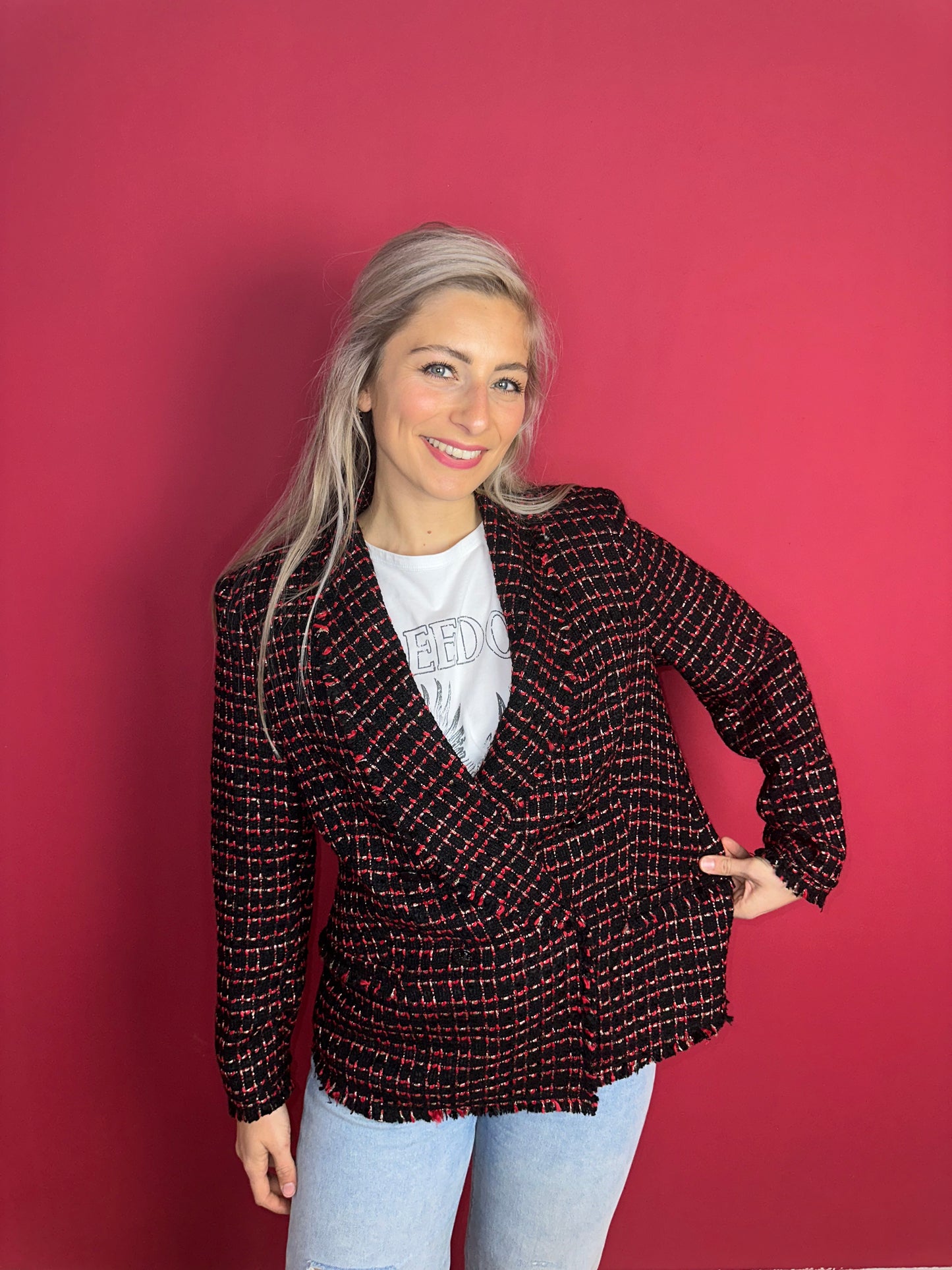 Blazer SET fashion tweed rood/zwart/zilver - Maat 42