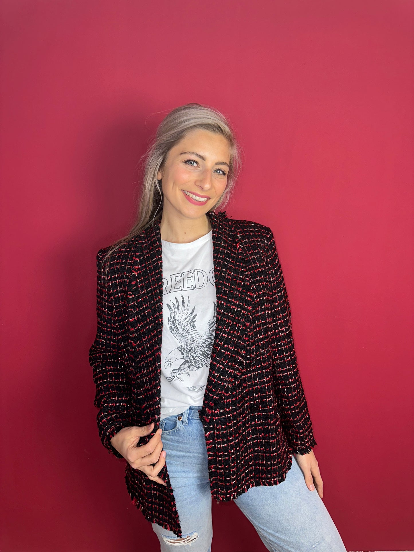 Blazer SET fashion tweed rood/zwart/zilver - Maat 42