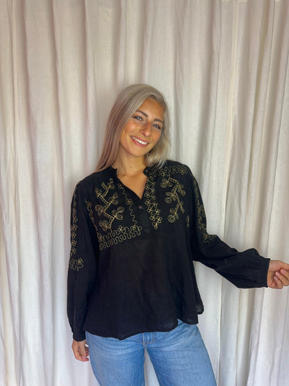 Blouse Antik Batik zwart geborduurd goud - maat L
