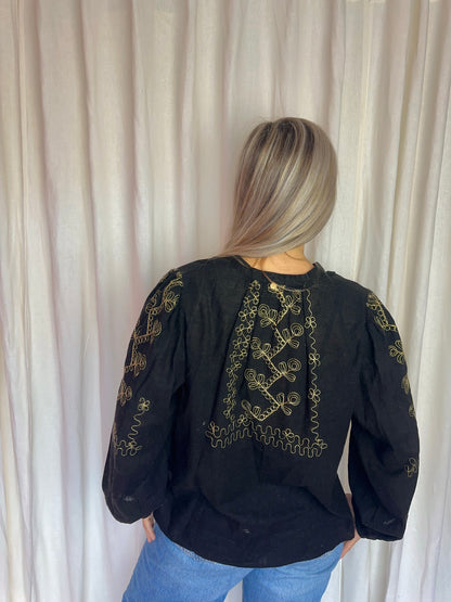 Blouse Antik Batik zwart geborduurd goud - maat L