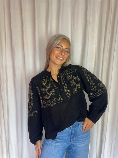 Blouse Antik Batik zwart geborduurd goud - maat L
