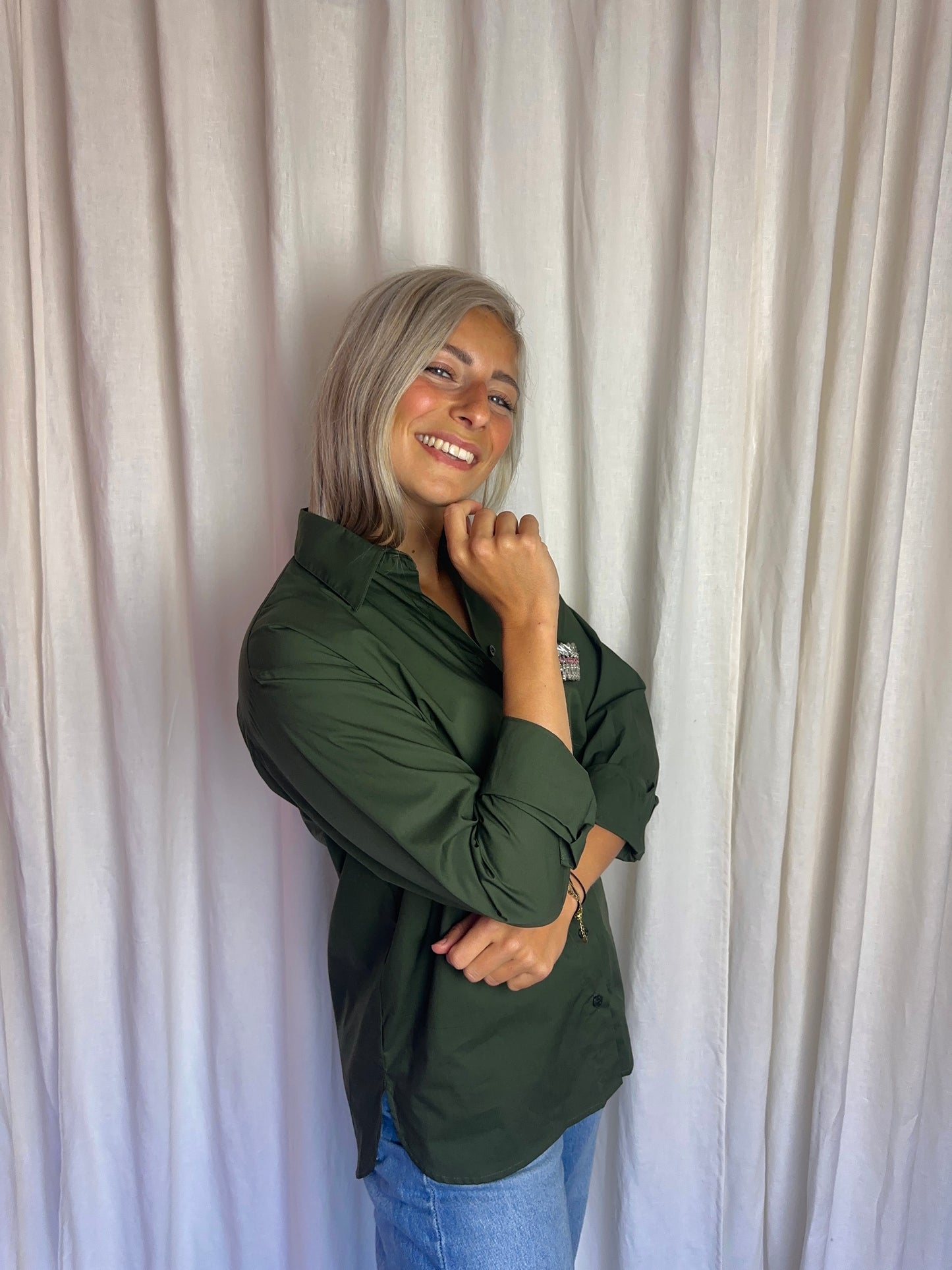 Blouse Liu Jo katoen legergroen strass - maat 40 (L)