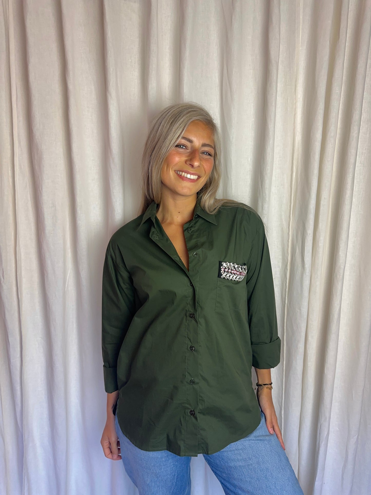 Blouse Liu Jo katoen legergroen strass - maat 40 (L)