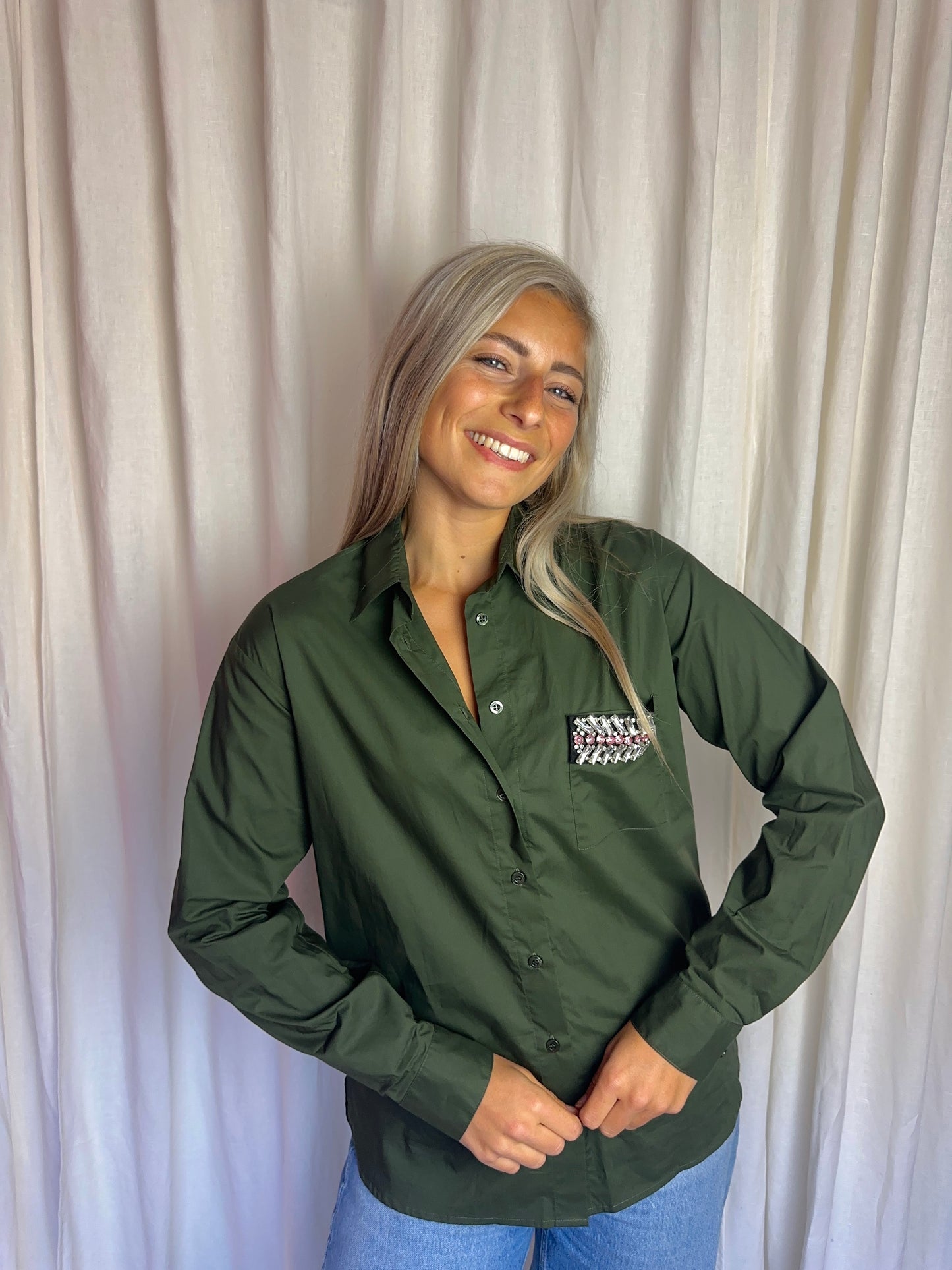 Blouse Liu Jo katoen legergroen strass - maat 40 (L)