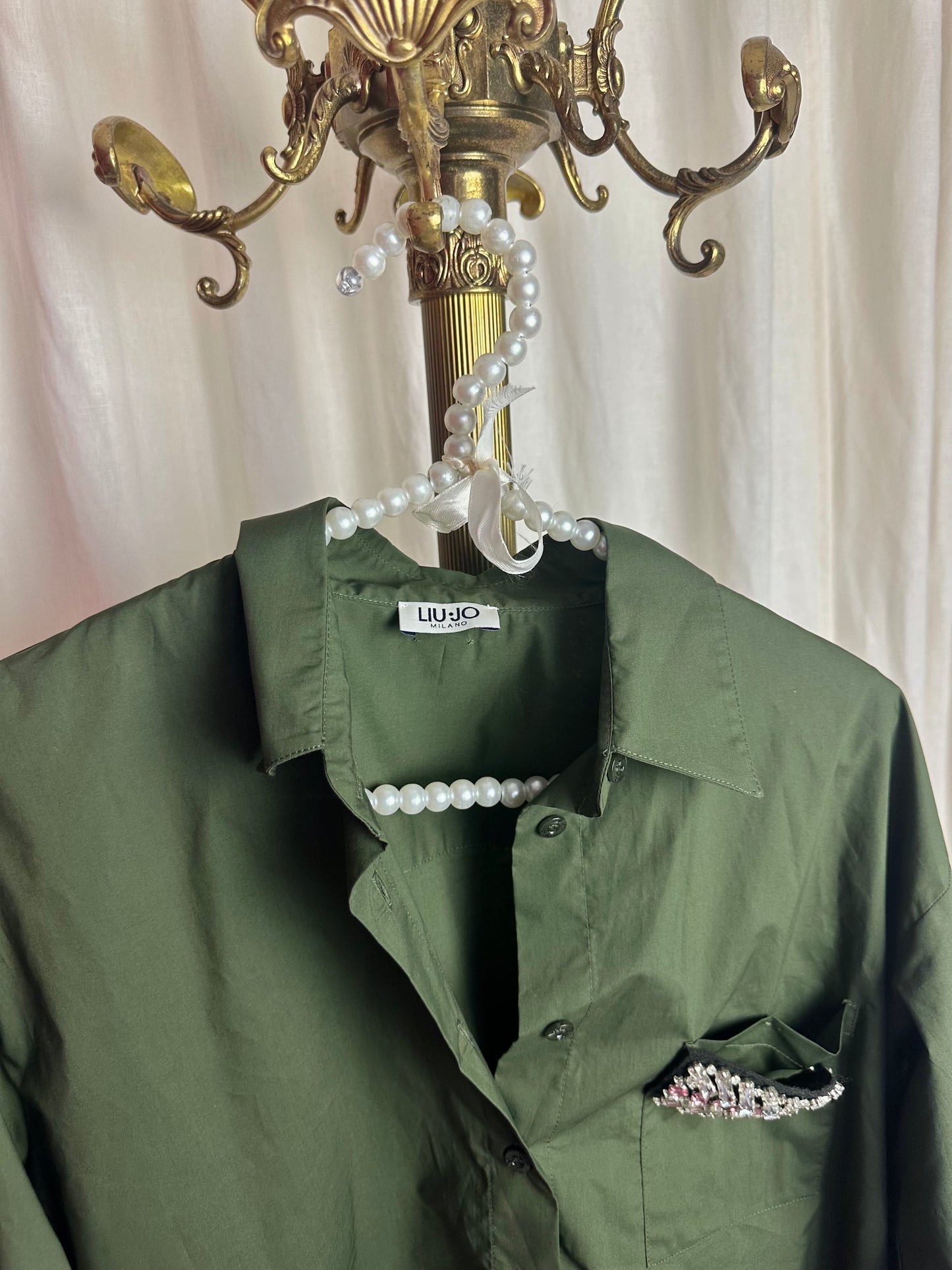 Blouse Liu Jo katoen legergroen strass - maat 40 (L)