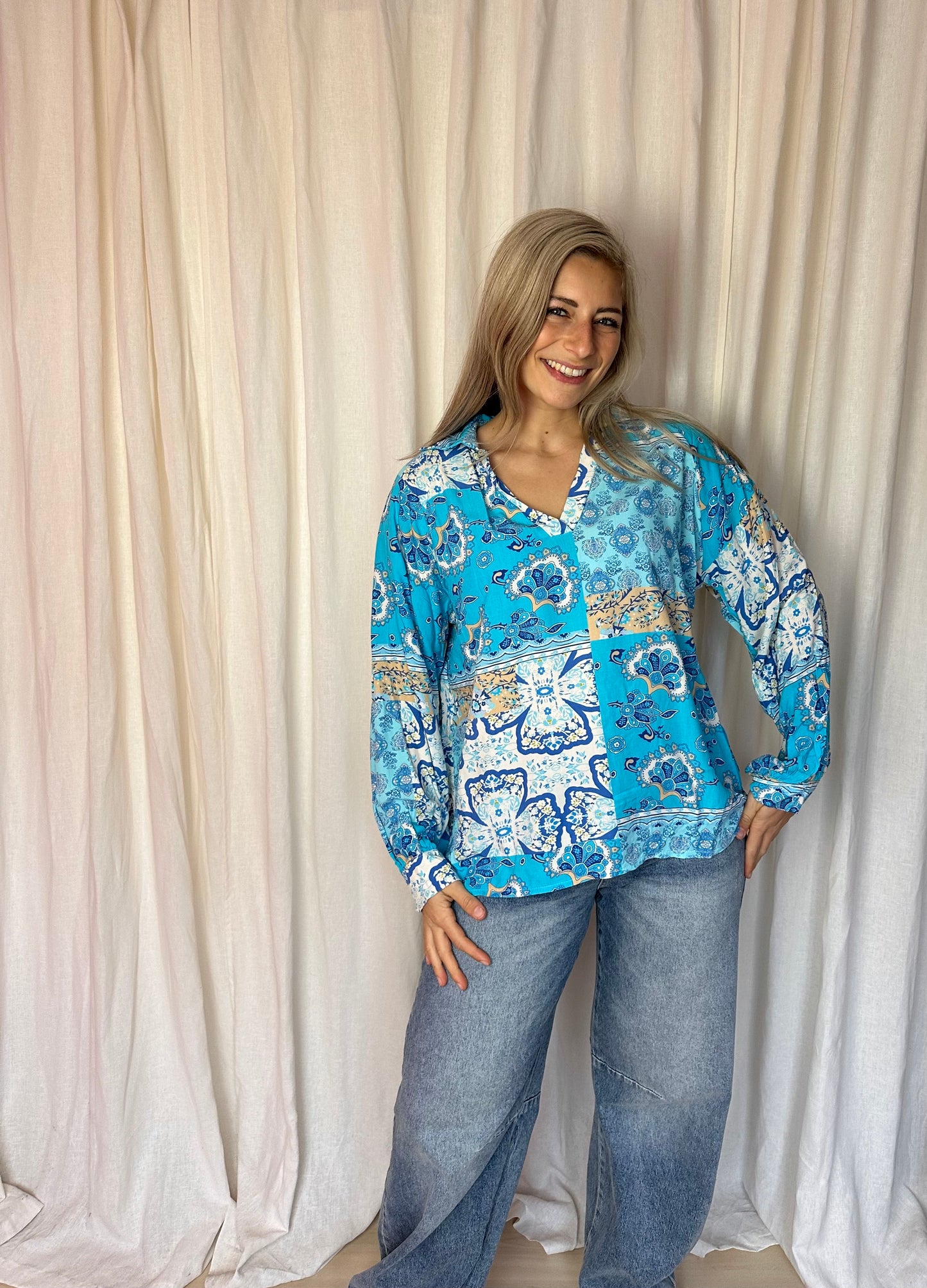Blouse Musthaves By Elja viscose print turquoise maat XXL