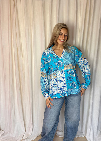 Blouse Musthaves By Elja viscose print turquoise maat XXL