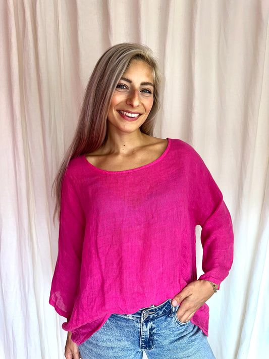 Blouse Puro Lino linnen fuchsia onesize