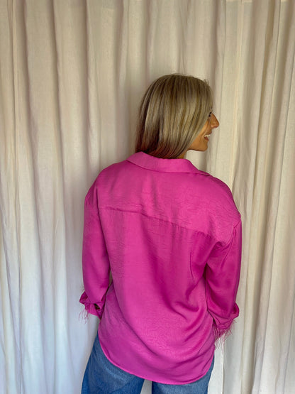 Blouse Shoeby feather satin veren fuchsia maat XS