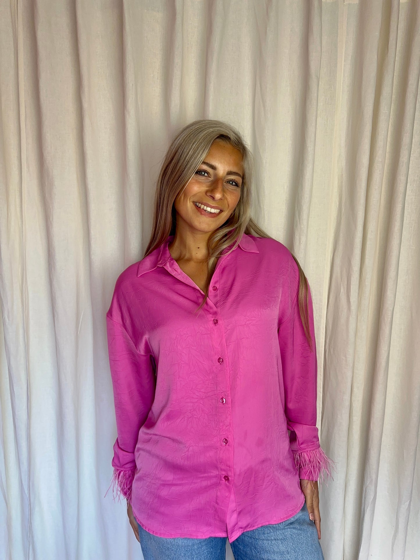 Blouse Shoeby feather satin veren fuchsia maat XS