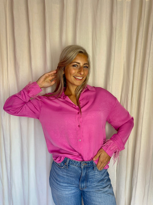 Blouse Shoeby feather satin veren fuchsia maat XS