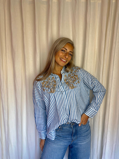 Blouse marella streep lichtblauw/wit - maat 34 (XS)
