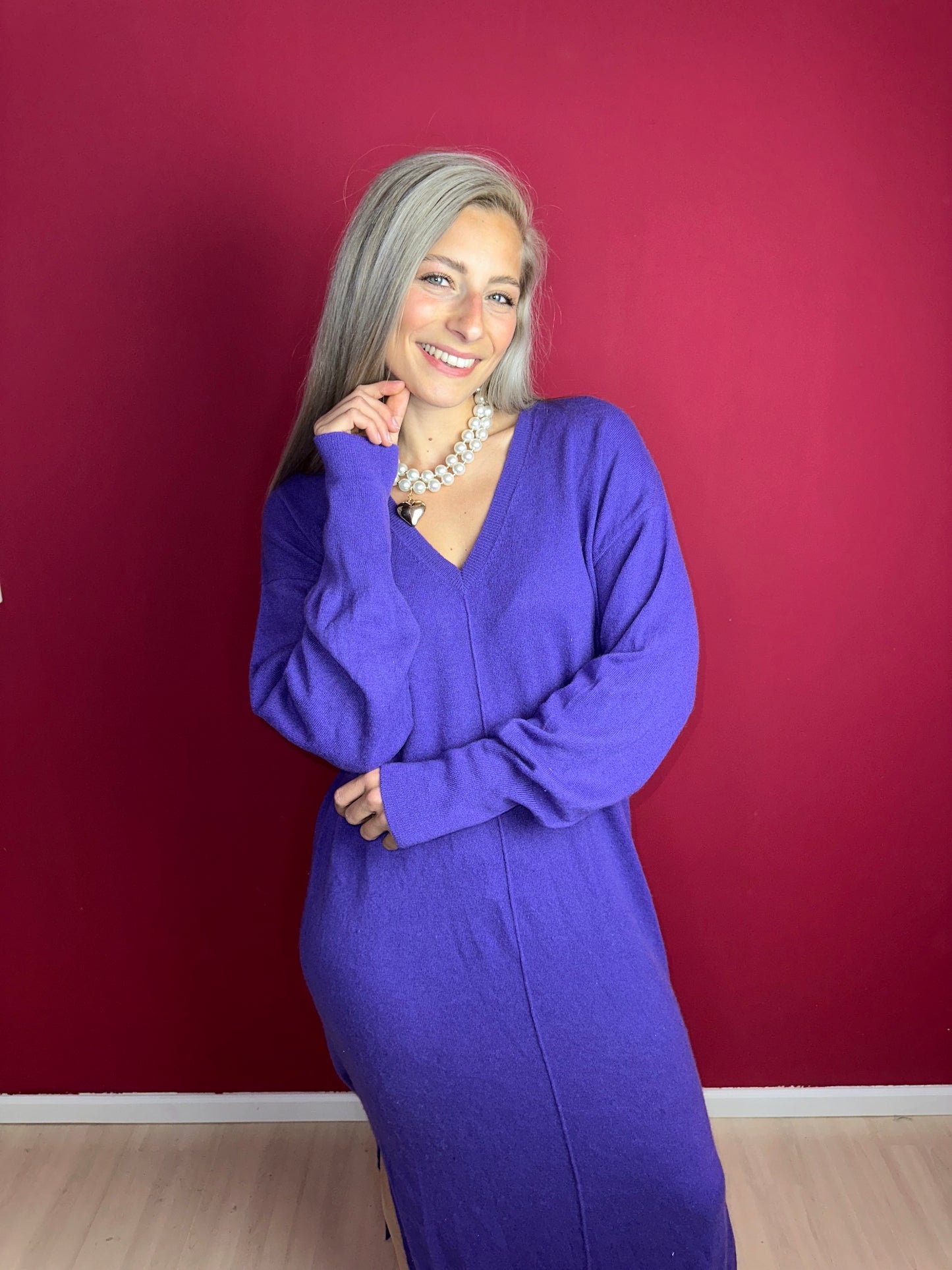 Jurk Notshy cashmere gebreid paars - Maat XL