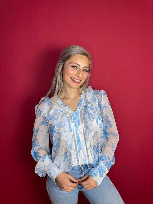 Blouse Twinset lichtblauw&wit - Maat 42