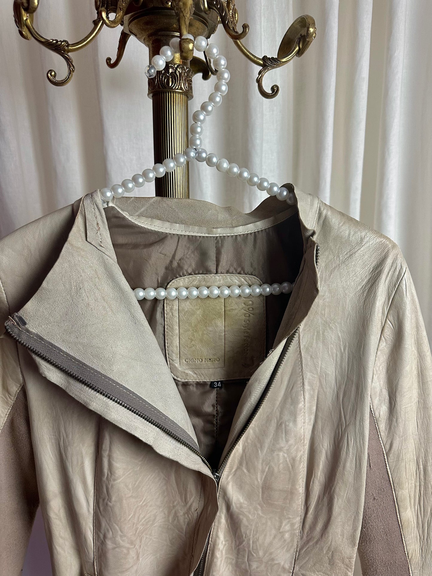 Jas Cigno Nero lang leer beige maat 34