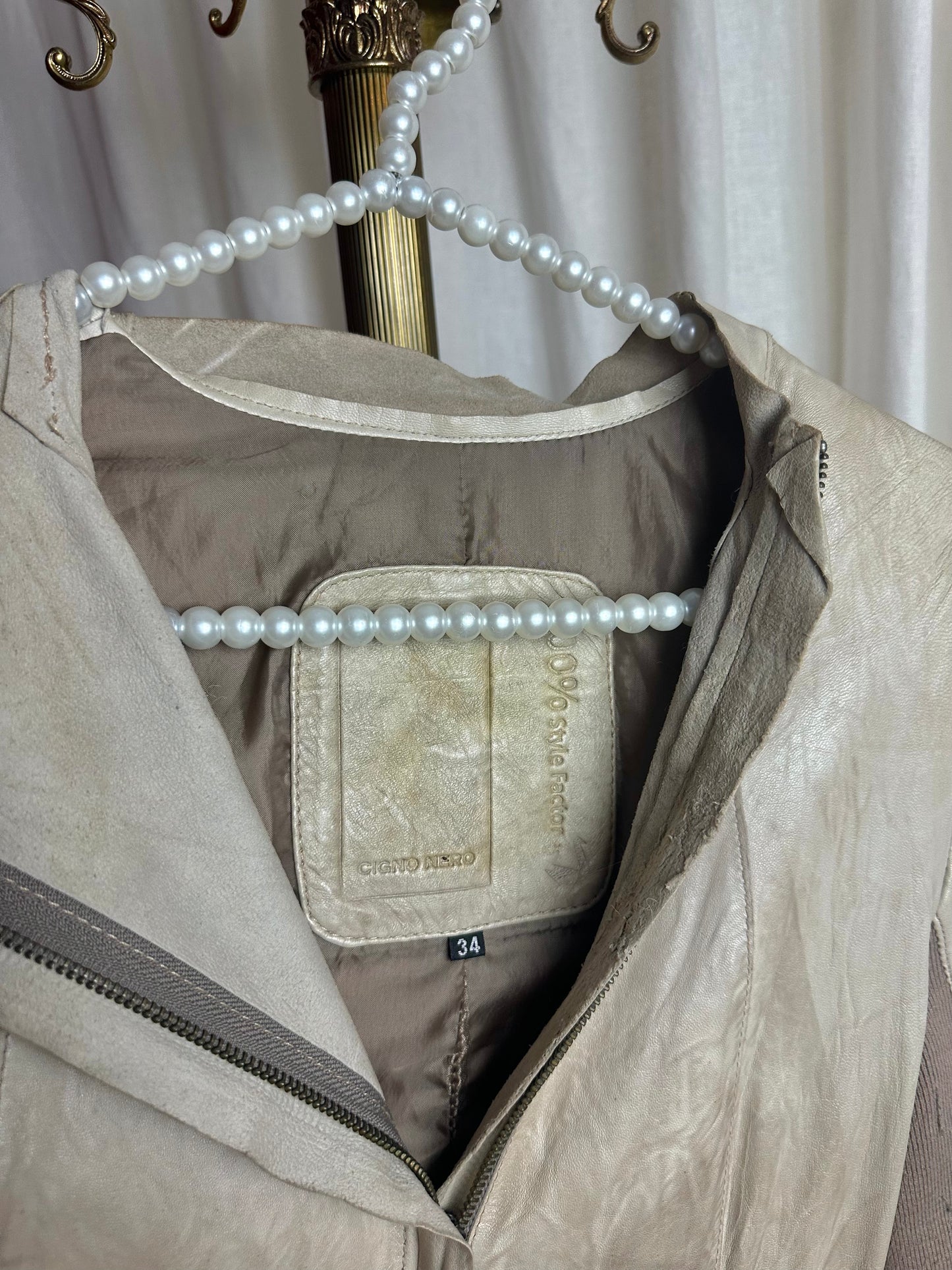 Jas Cigno Nero lang leer beige maat 34