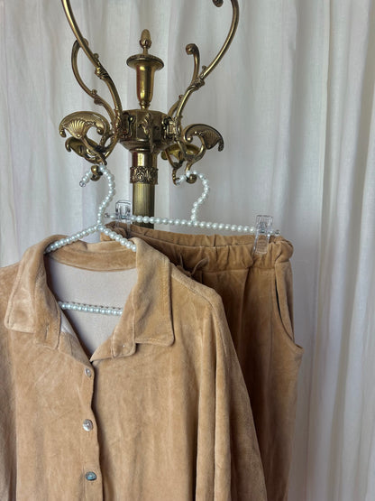 Joggingsset (Broek+Blouse) fluweellook camel onesize