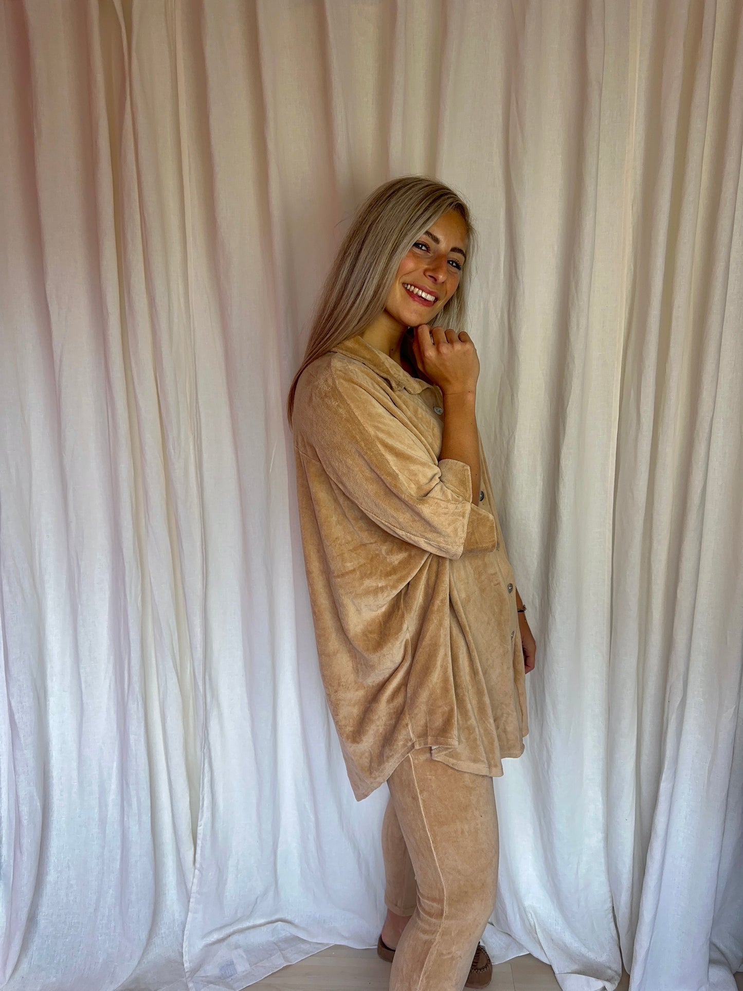 Joggingsset (Broek+Blouse) fluweellook camel onesize
