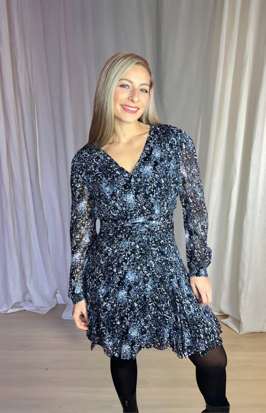 Jurk Berenice print zwart lichtblauw maat L
