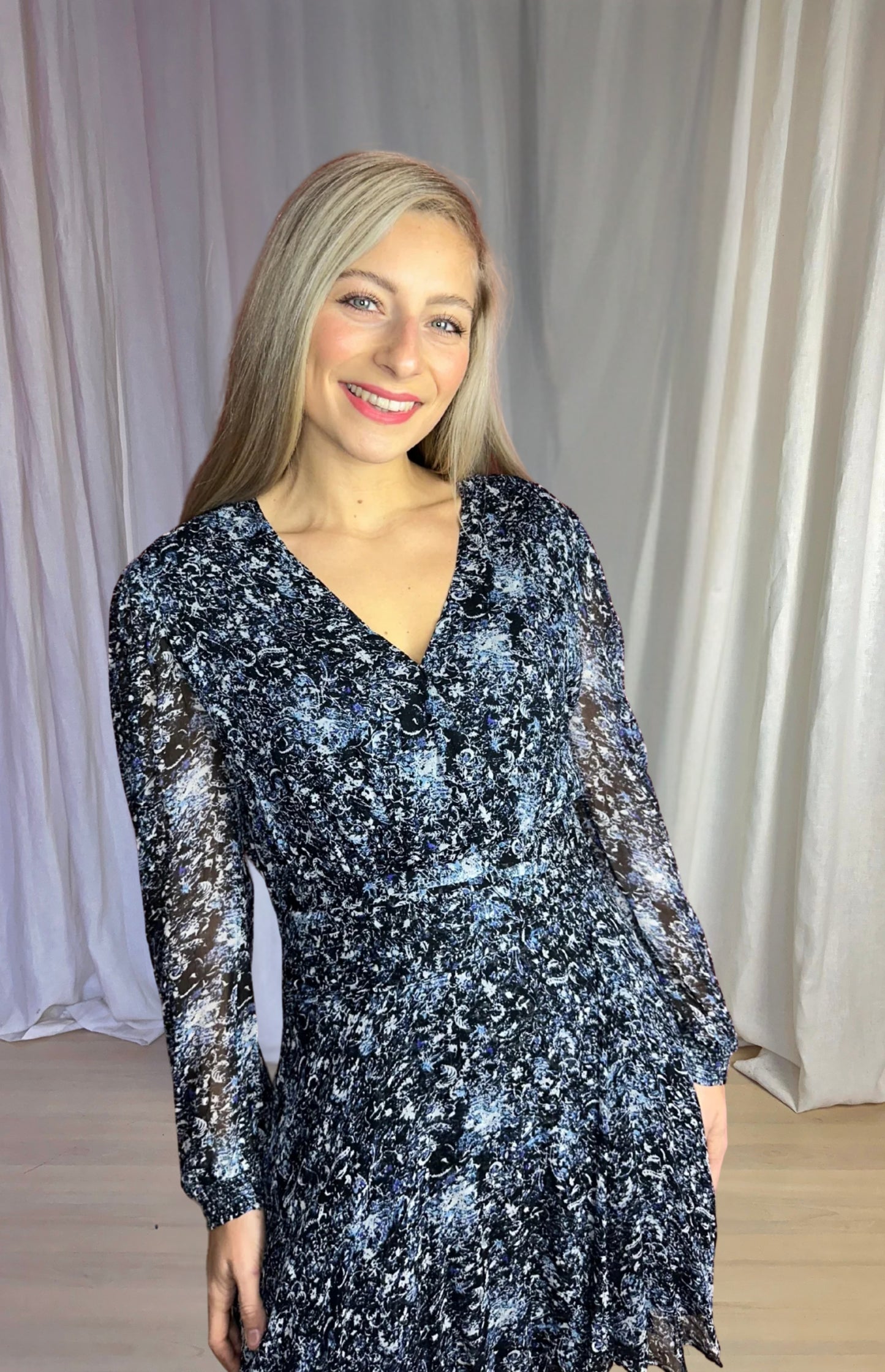Jurk Berenice print zwart lichtblauw maat L