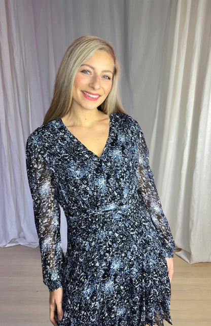 Jurk Berenice print zwart lichtblauw maat L