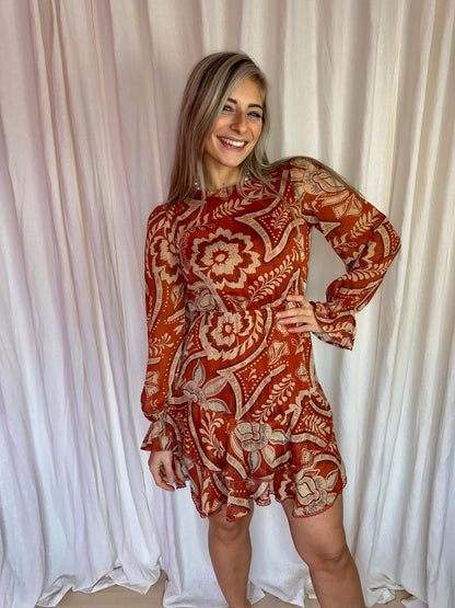 Jurk Cotton Club boho print roestbruin,beige maat XS