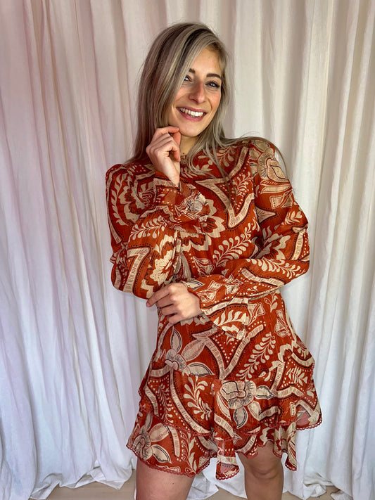Jurk Cotton Club boho print roestbruin,beige maat XS