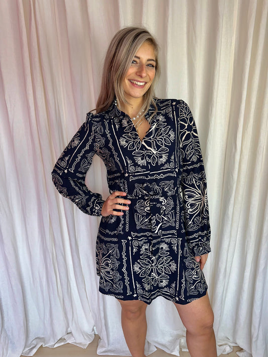 Jurk Cotton Club print donkerblauw,crème maat XS